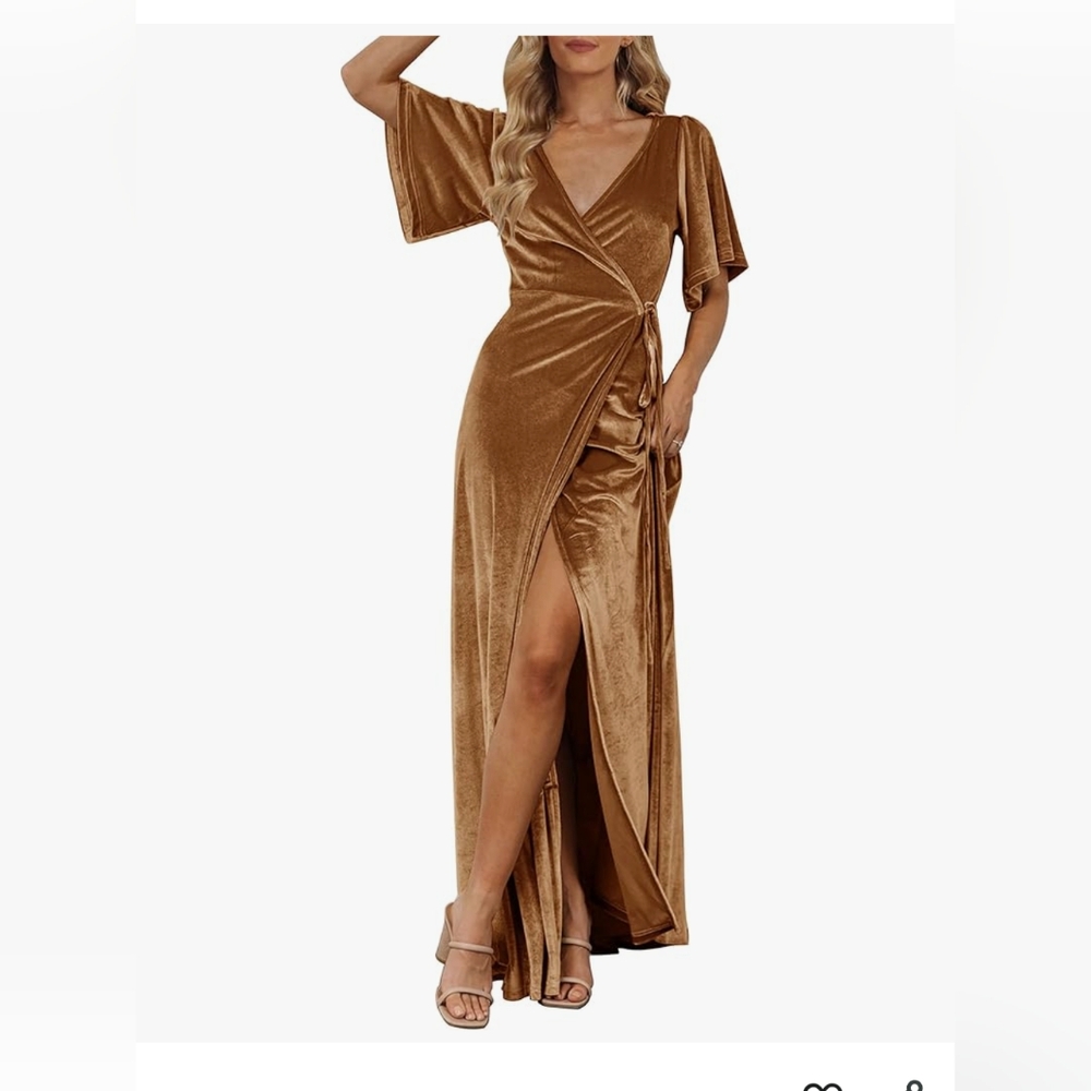 Elegant Velvet Wrap Maxi Dress in Golden Tan